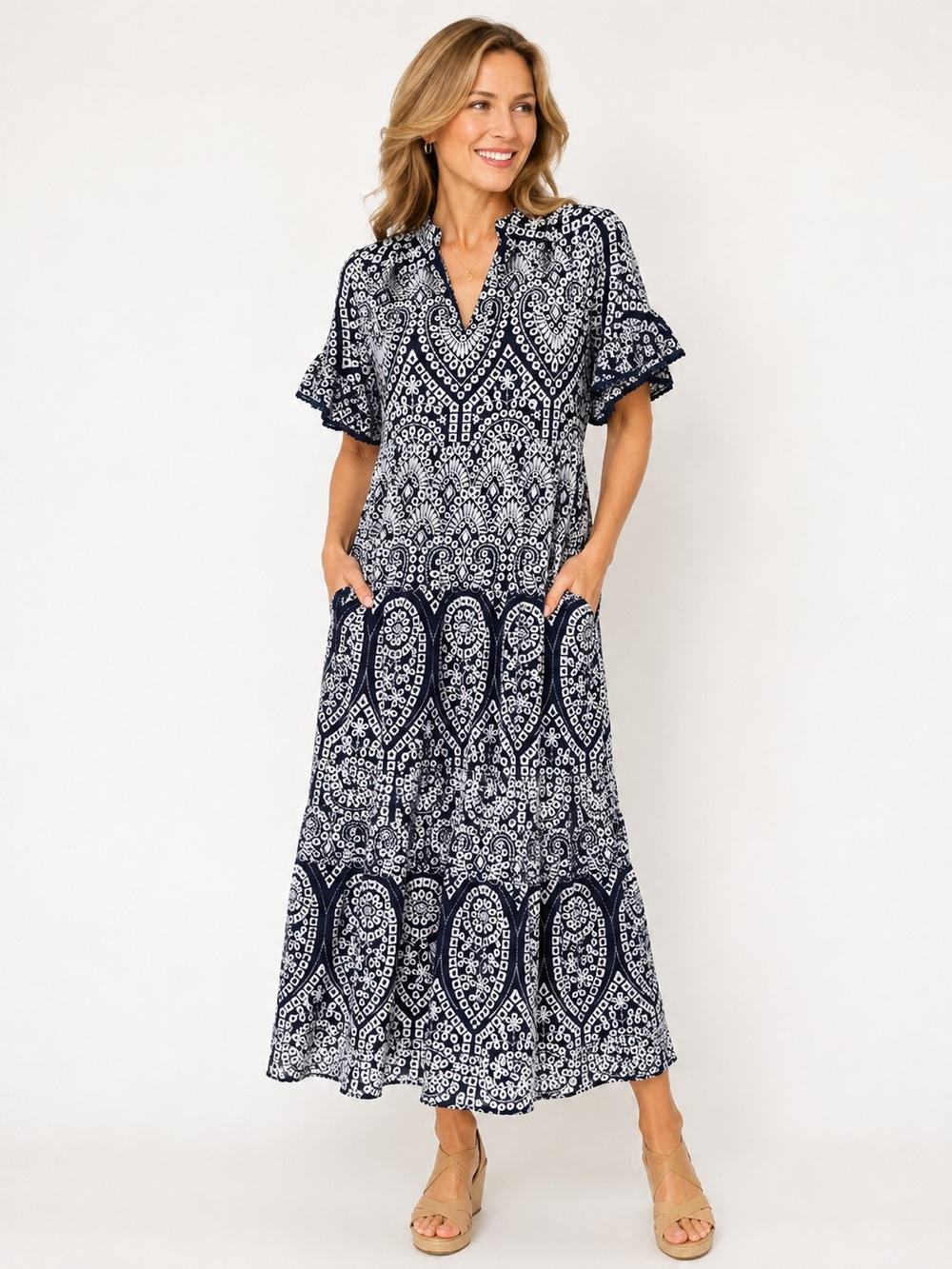 Chico’s Navy & White Maxi Dress - Side Pockets - Ruffle Sleeves - EUC